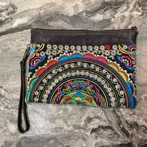HMONG Hill Tribe embroidered wristlet cosmetic bag THAILAND leather